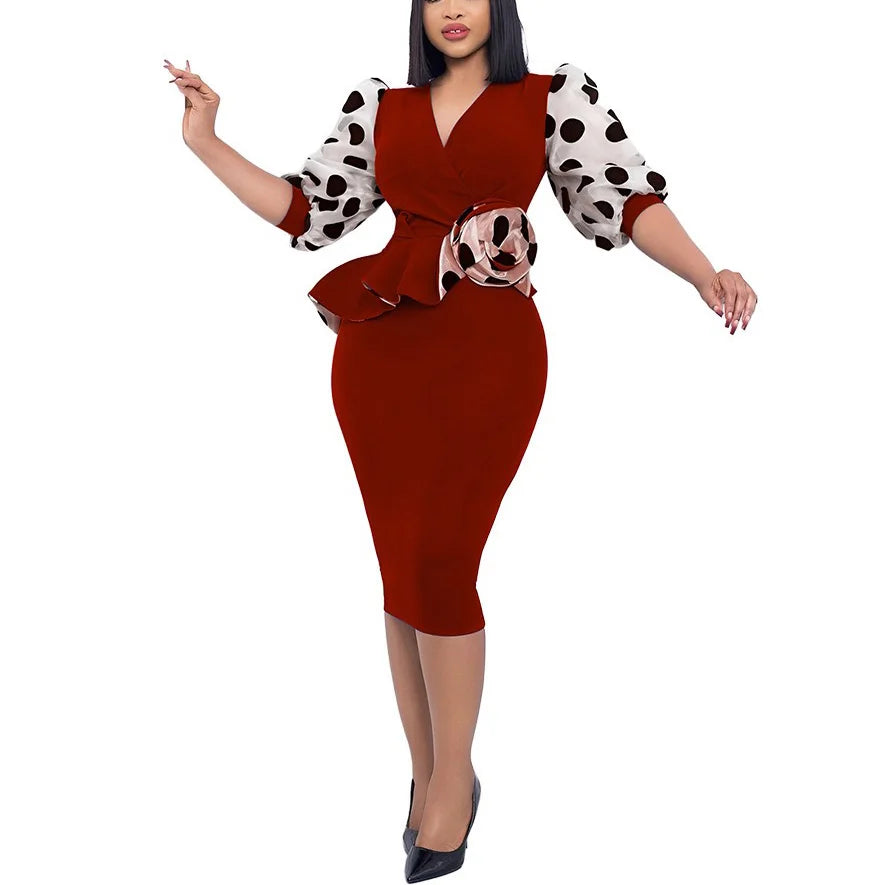 Elegant Office Dresses for Women Professional 2024 New V Neck Half Sleeve Package Hips Mid Calf Formal Female Business Work Robe