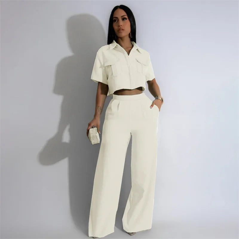 Solid Elegant Pant Sets Womens 2 Piece Outfit Summer 2024 Turn-down Collar Button Up Pockets Shirt Top and Wide Leg Pants Suit