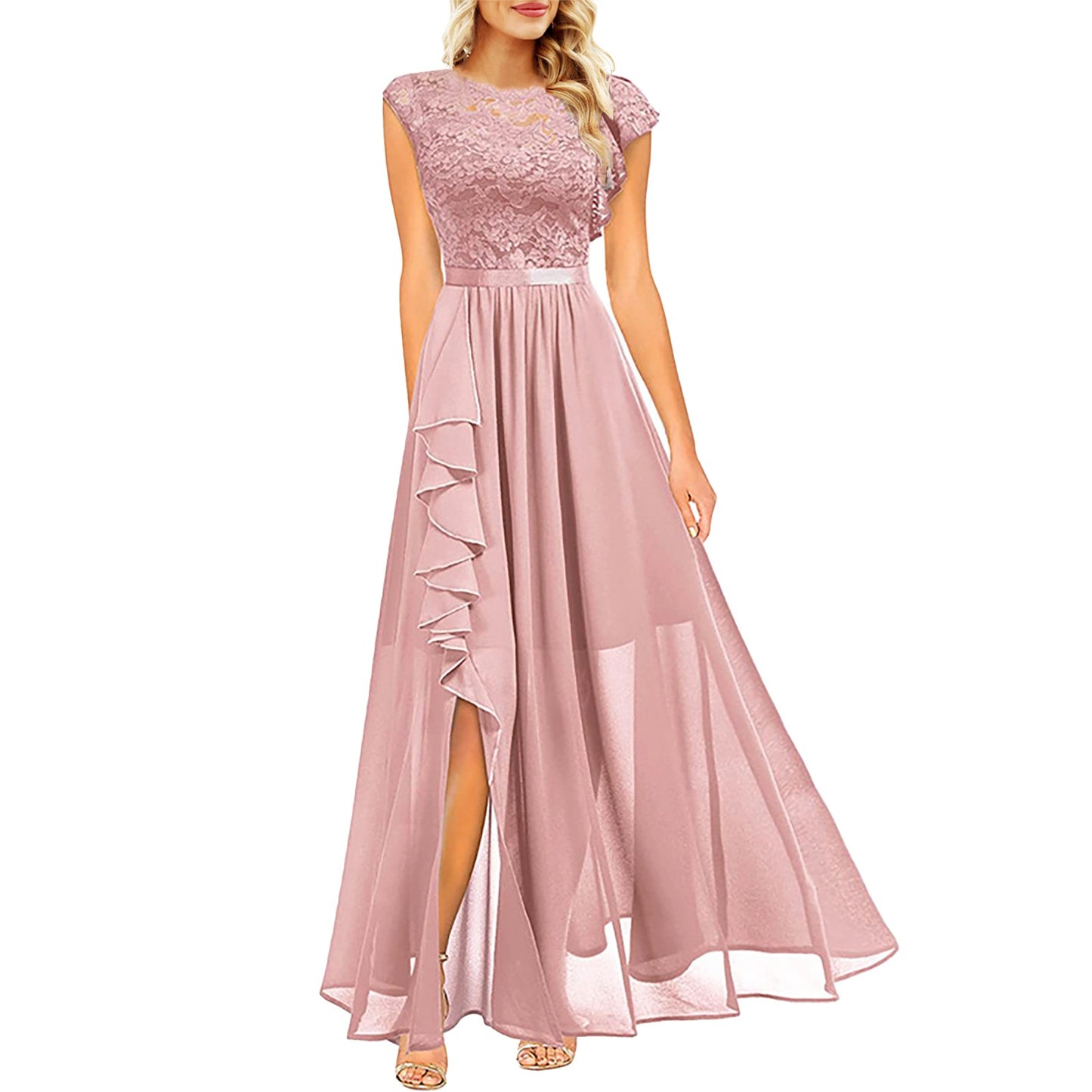 Women's Dress Lace Splice Ruffle Slit Irregular Elegant Long Dress Sleeveless Bridesmaid Cocktail Prom Wedding Party Dresses