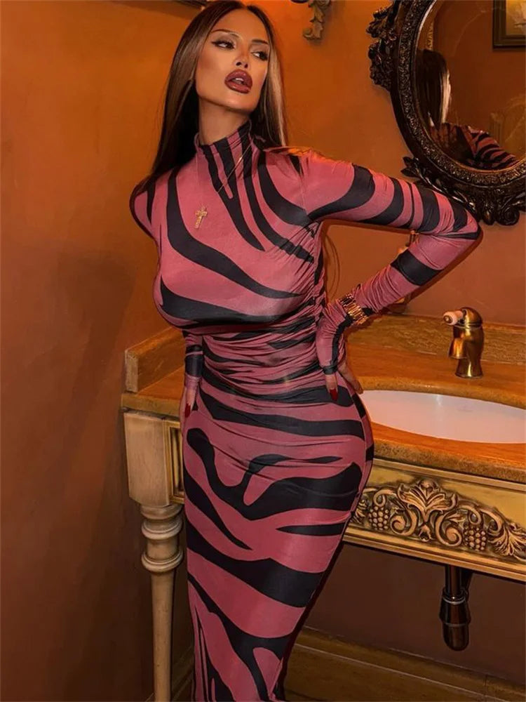 Leopard Printed Female Maxi Dress Skinny Long Sleeve Sexy High Waist Fashion Summer Streetwear Dress Women's Leopard Dress