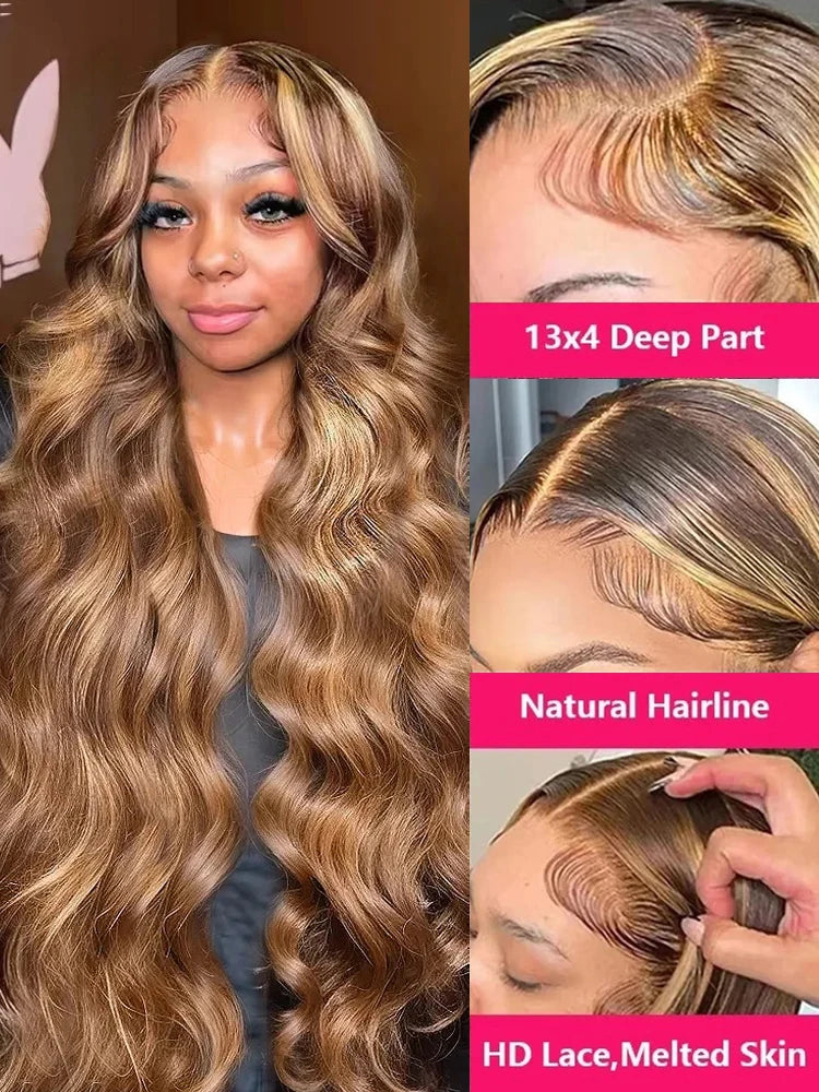 30 40 Inch 4/27 Highlight Body Wave 13x6 Hd Lace Front Human Hair Wig Colored Ombre 13x4 Human Hair Wigs Preplucked For Women