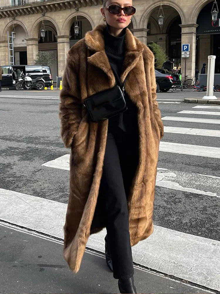 Lapel Collar Fashion Woman Long Sleeves Faux Fur Coat Classic Solid Color Fluffy Warm Overcoat New Lady Winter Street Outerwear