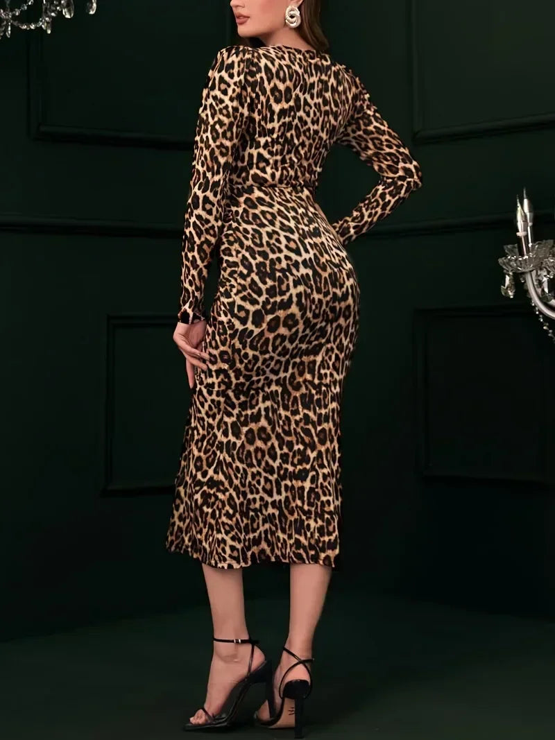 Women's Elegant Summer V-Neck Leopard Print Patchwork Collar Split Knee Length Dress Tight Fitting Dress