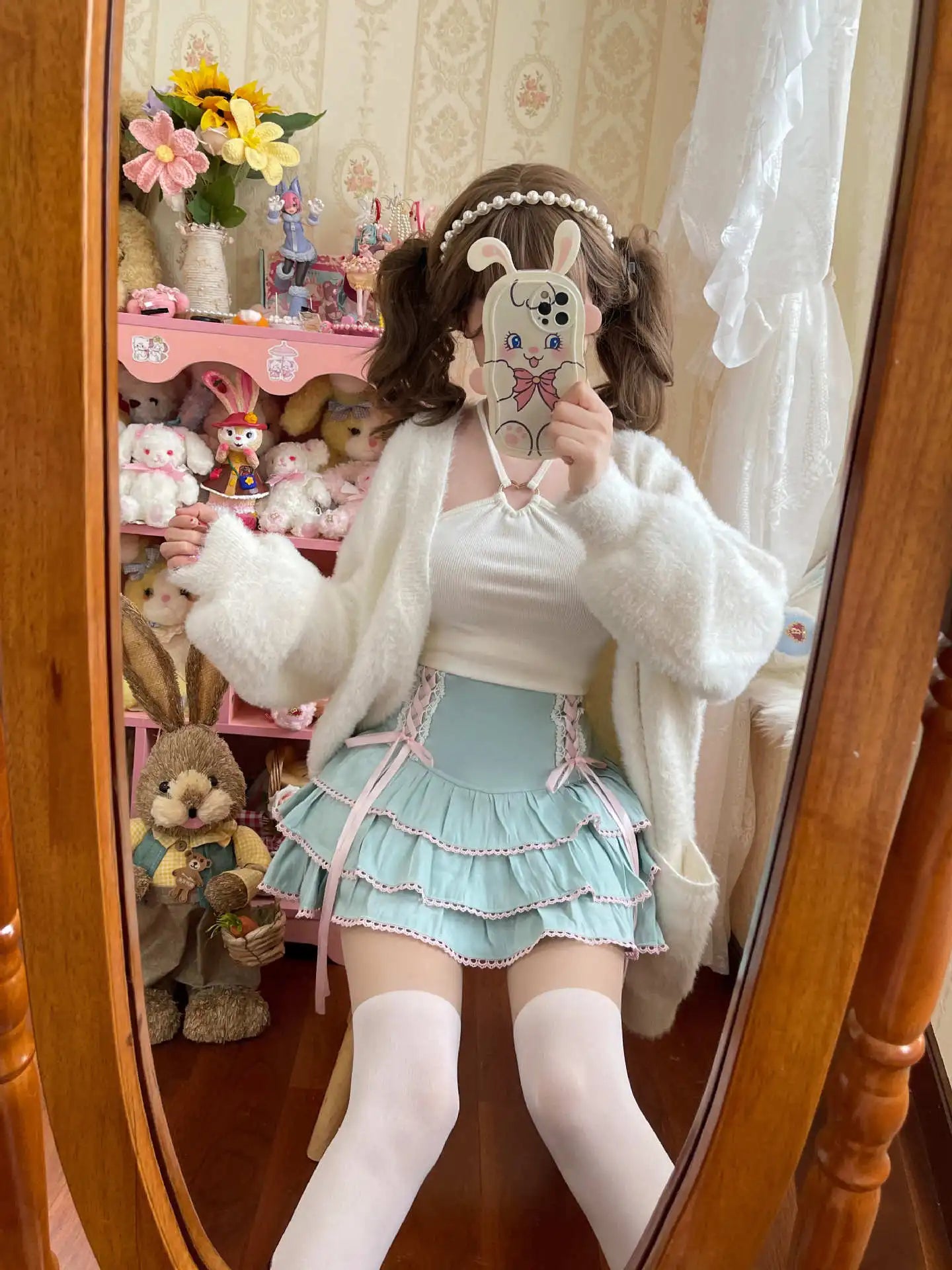 Japanese Harajuku Girls Kawaii Lace Pleated Skirts Women High Waist Bow Lace-up Fairy Y2k Aesthetic Cute Cake Mini Skirts