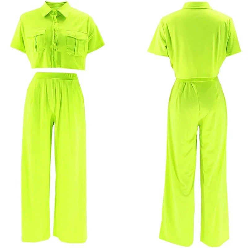 Solid Elegant Pant Sets Womens 2 Piece Outfit Summer 2024 Turn-down Collar Button Up Pockets Shirt Top and Wide Leg Pants Suit