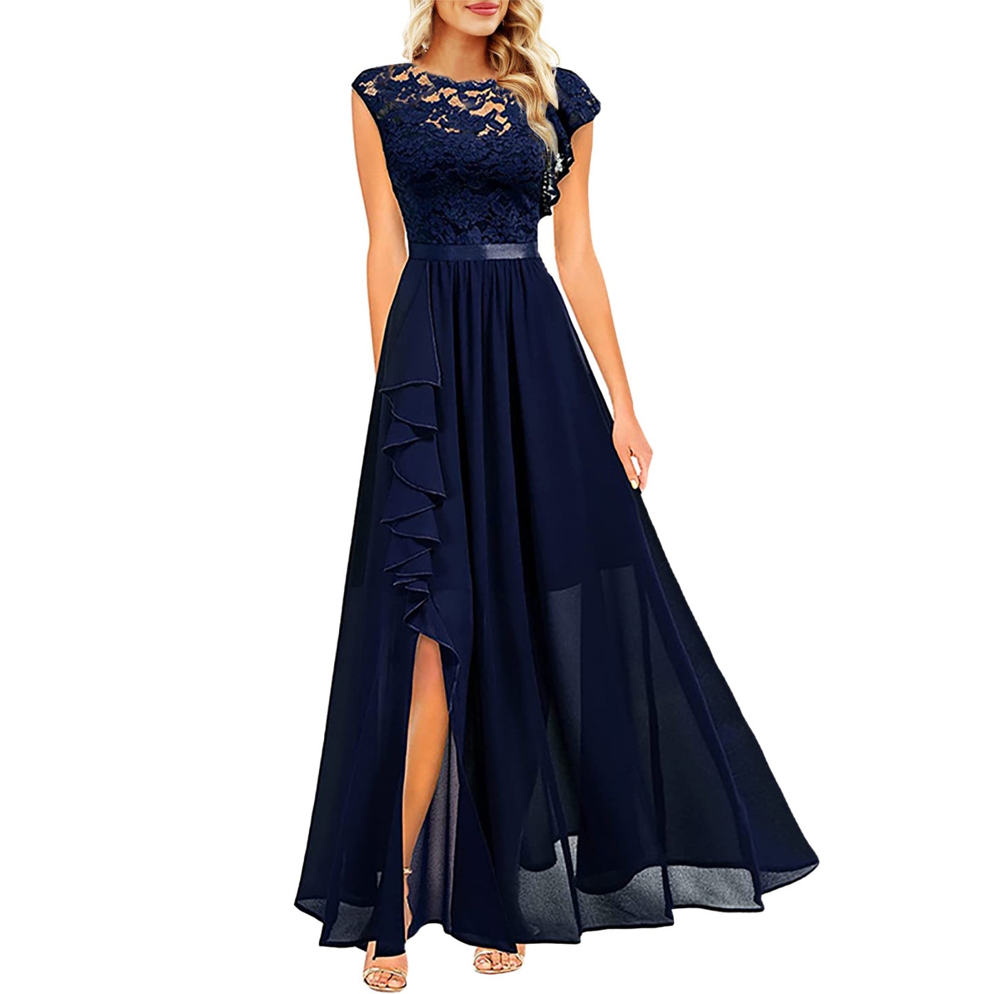 Women's Dress Lace Splice Ruffle Slit Irregular Elegant Long Dress Sleeveless Bridesmaid Cocktail Prom Wedding Party Dresses