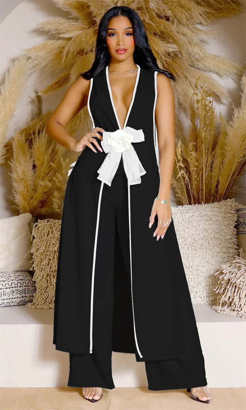 Bow Tie Appliques V-neck Sleeveless Long Top and Wide Leg Pants Matching Sets Women Two Piece Set Elegant Vintage Club Outfits