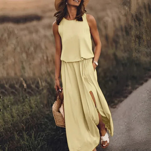 Customizable Casual Women Summer Party Long Dress Sleeveless Slit Dress Office Lady Fashion O-neck Off Shoulder Solid Dresses