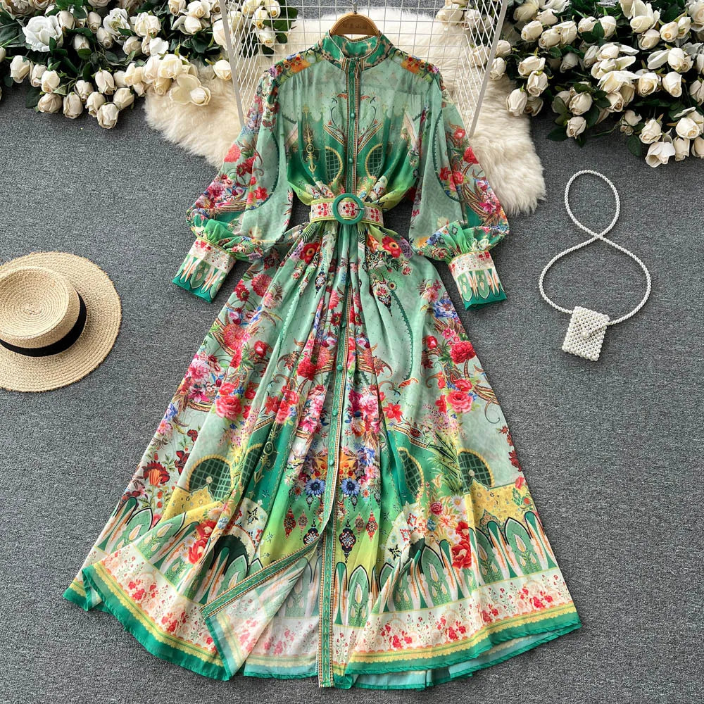 Spring Autumn Holiday Flower Chiffon Long Dress Women's Stand Collar Lantern Sleeve Floral Print Belt Long Party Robe Vestido