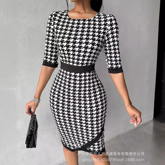 Women's Clothing New Houndstooth Printing Color Contrast Style Dress Midi Knee Length Office Half Sleeve Square Neck Dress