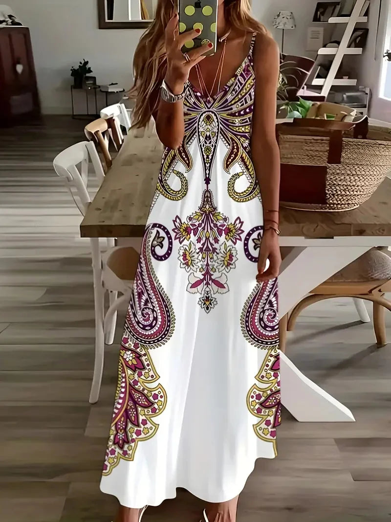 S-3XL Bohemian Style Beach Seaside Vacation Casual Dress Street Fashion Sleeveless Suspender Loose Large Size Long Dress