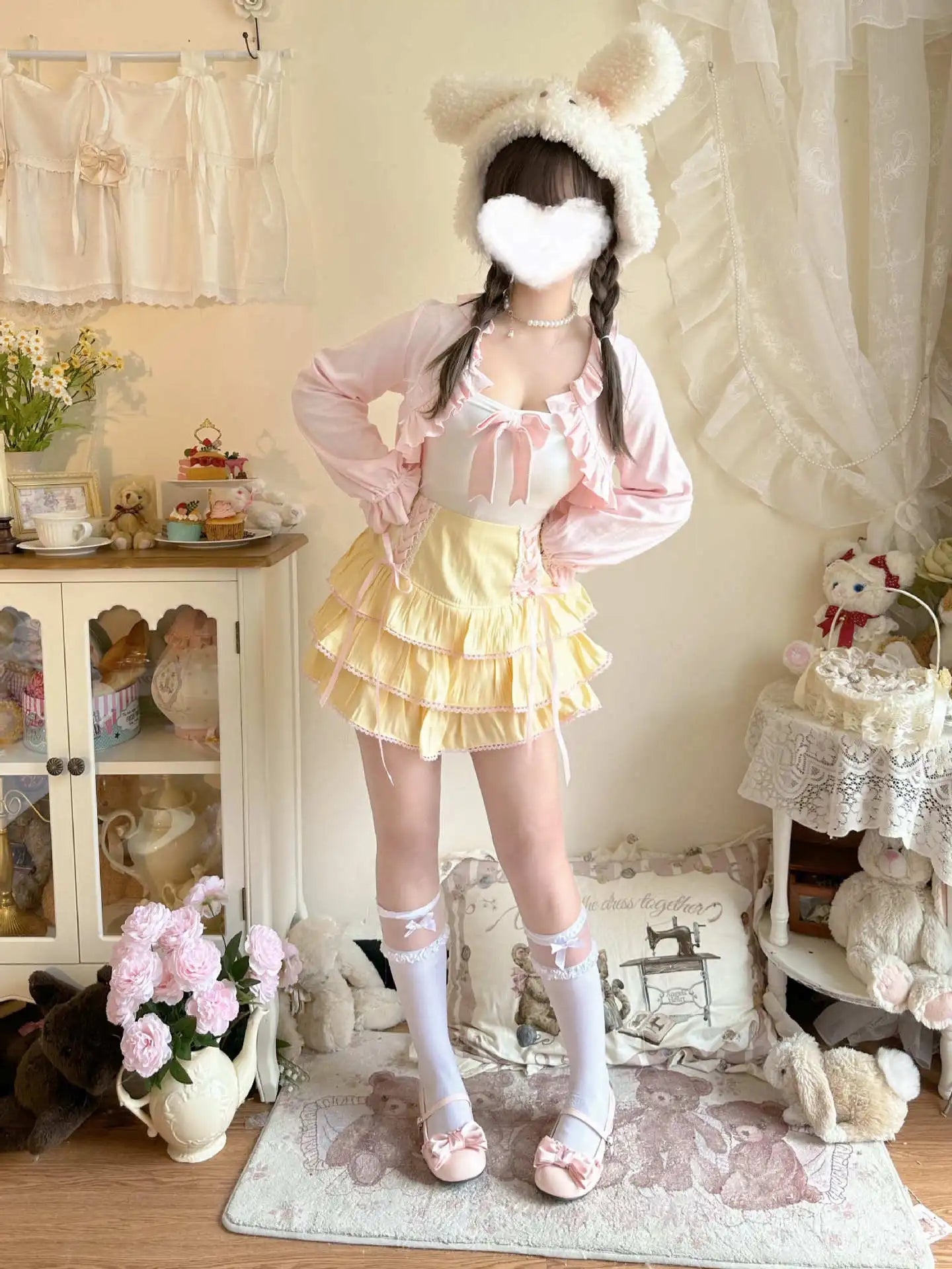 Japanese Harajuku Girls Kawaii Lace Pleated Skirts Women High Waist Bow Lace-up Fairy Y2k Aesthetic Cute Cake Mini Skirts