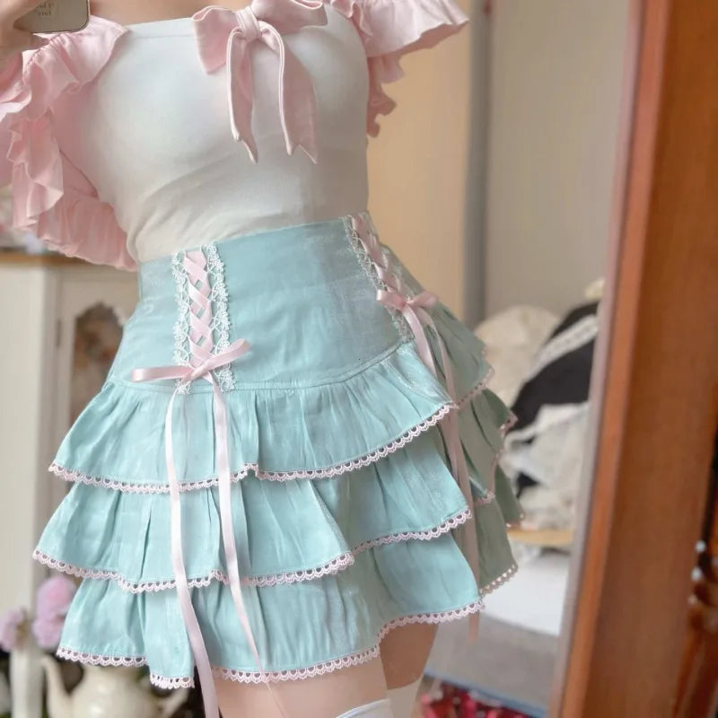 Japanese Harajuku Girls Kawaii Lace Pleated Skirts Women High Waist Bow Lace-up Fairy Y2k Aesthetic Cute Cake Mini Skirts