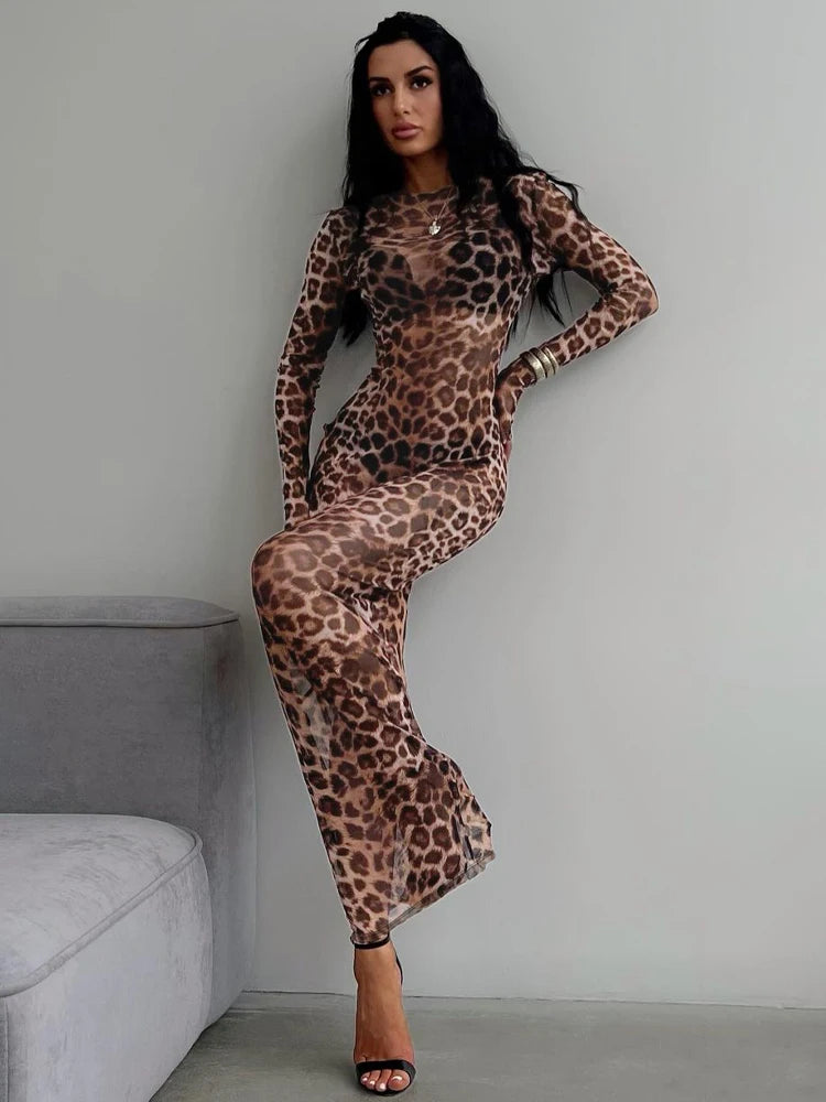 Dulzura 2024 Sexy Elegant Maxi Dress Printed Leopard Long Sleeve Dresses Women Clothes Y2K Lady Party Club Streetwear Holiday