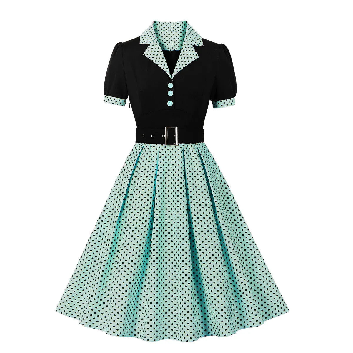 2024 New Fashion Polka Dot Vintage Pleated Dresses Retro Notched Collar Elegant Summer Women Short Sleeve Belted 1950s 60s Dress