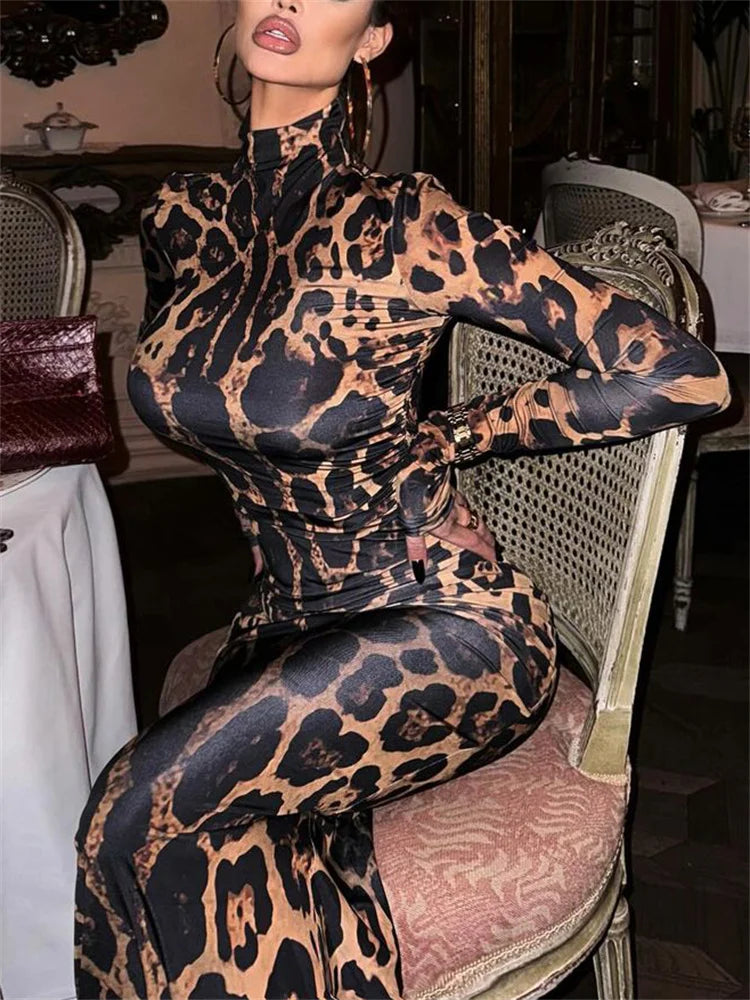 Leopard Printed Female Maxi Dress Skinny Long Sleeve Sexy High Waist Fashion Summer Streetwear Dress Women's Leopard Dress