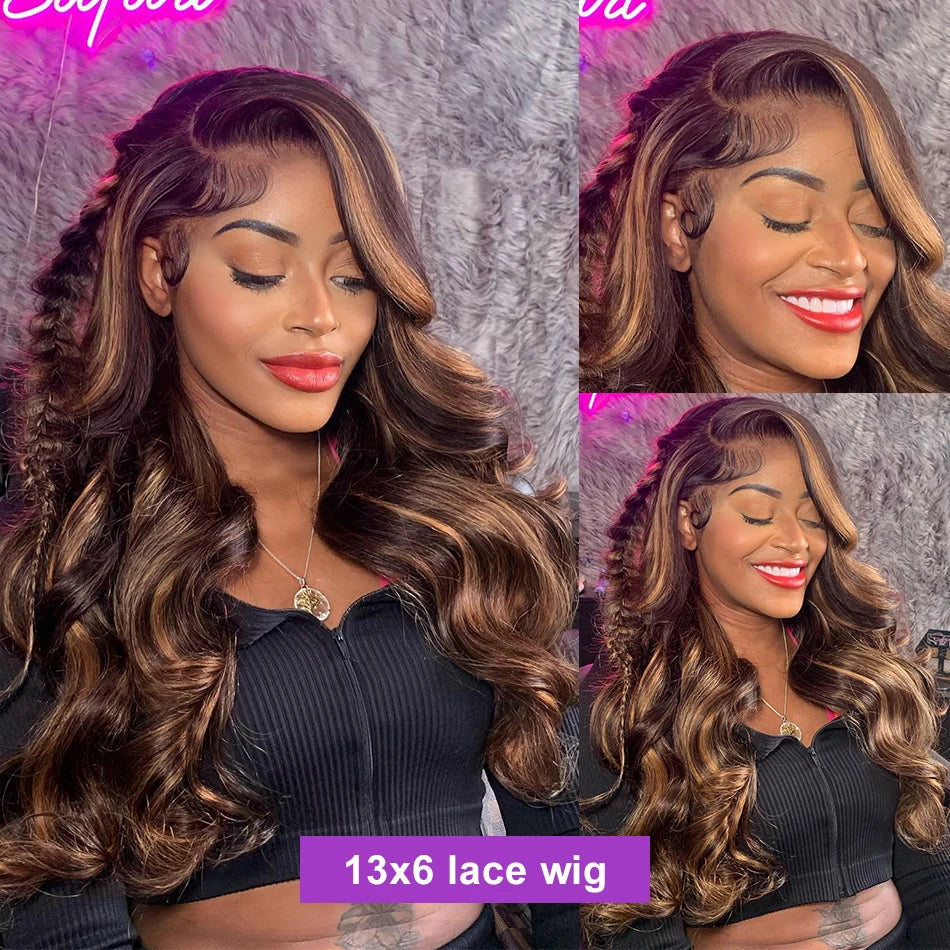 Colored Highlight Body Wave 13x6 HD Transparent Lace Front Human Hair Wigs Honey Blonde 13x4 Water Wave Frontal Wig For Women