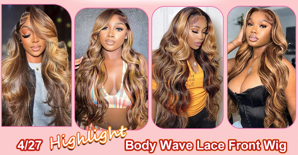 13x4 Highlight Ombre Lace Front Wig Human Hair 4/27 Body Wave Honey Blonde Pre Plucked With Baby Hair HD Lace Front Wigs 200%