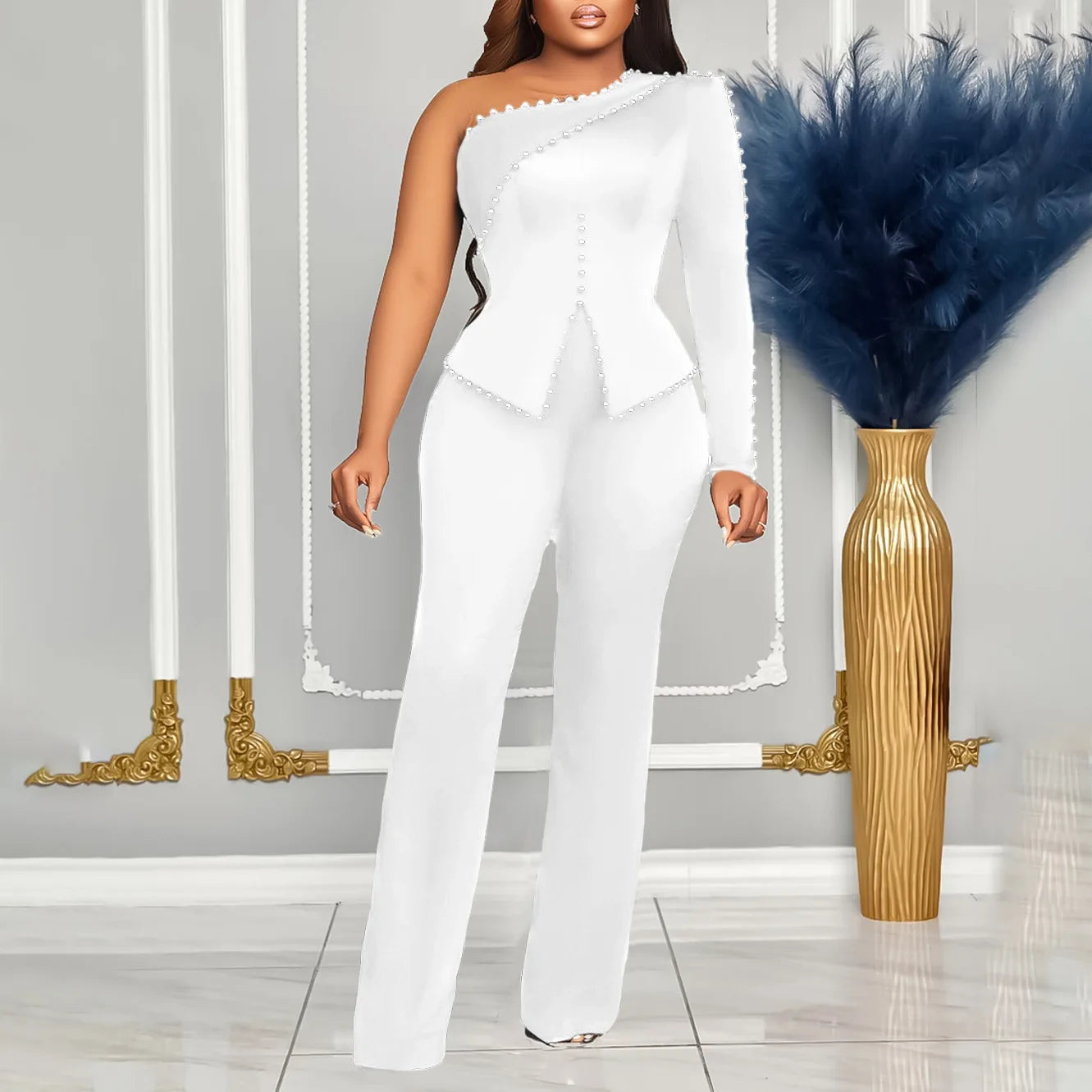 White 2 Piece Sets Women Outifits Autumn Slanted Shoulder Nail Bead Top Pants Two-piece Party Lady Matching Sets OL Fashion Suit