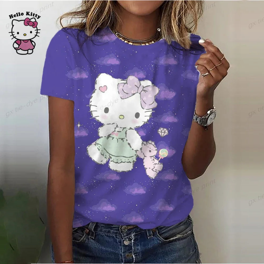 Summer Women Hello Kitty T-shirt 3D Fashion Printing Harajuku T Shirt Oversized Girls Tee Clothing New Short Sleeve O-Neck Top