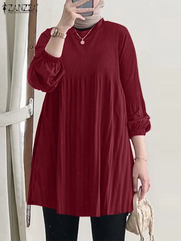 ZANZEA Muslim Islamic Pleated Long Blouses Women Autumn Long Sleeve O Neck Casual Blusas Mujer Fashion Solid Color Tunic Tops