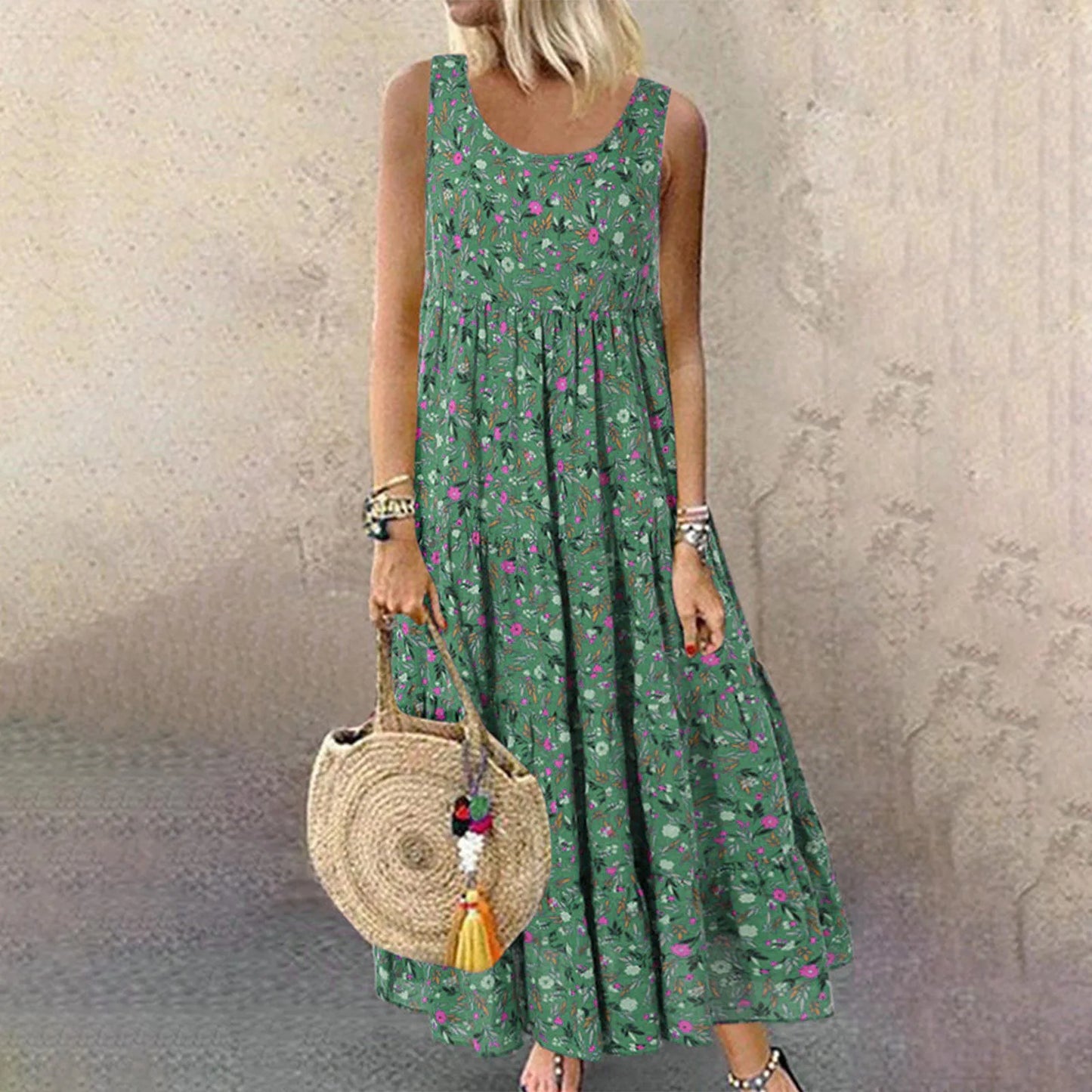 Women Floral Print Bohemian Casual Dress 2024 New Summer Sleeveless O-Neck Plus Size Dress Holiday Beach Large Sundress 4XL 5XL