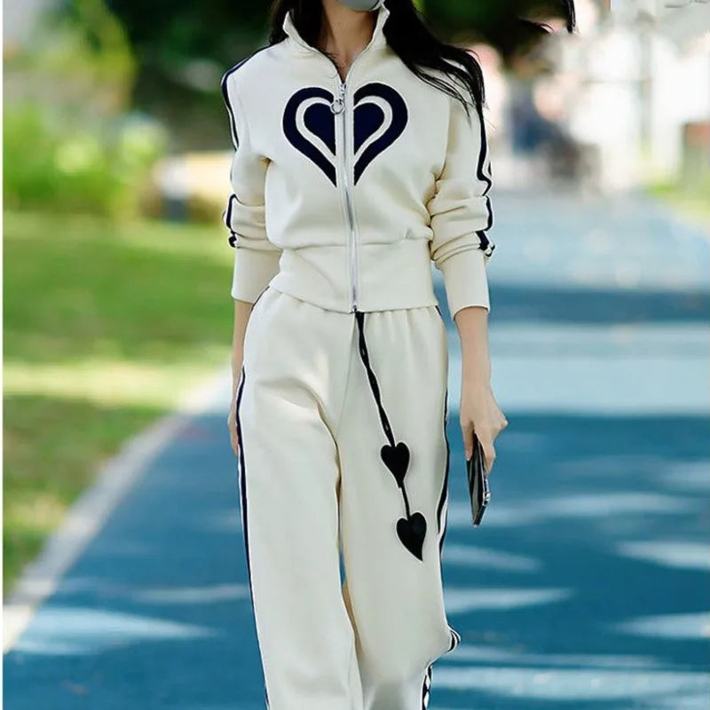 Women's 2024 Autumn Winter New Casual Sports Suit Stand Collar Zippered Sweater Coat Tops Wide Leg Pants Two Piece Set Plus Size