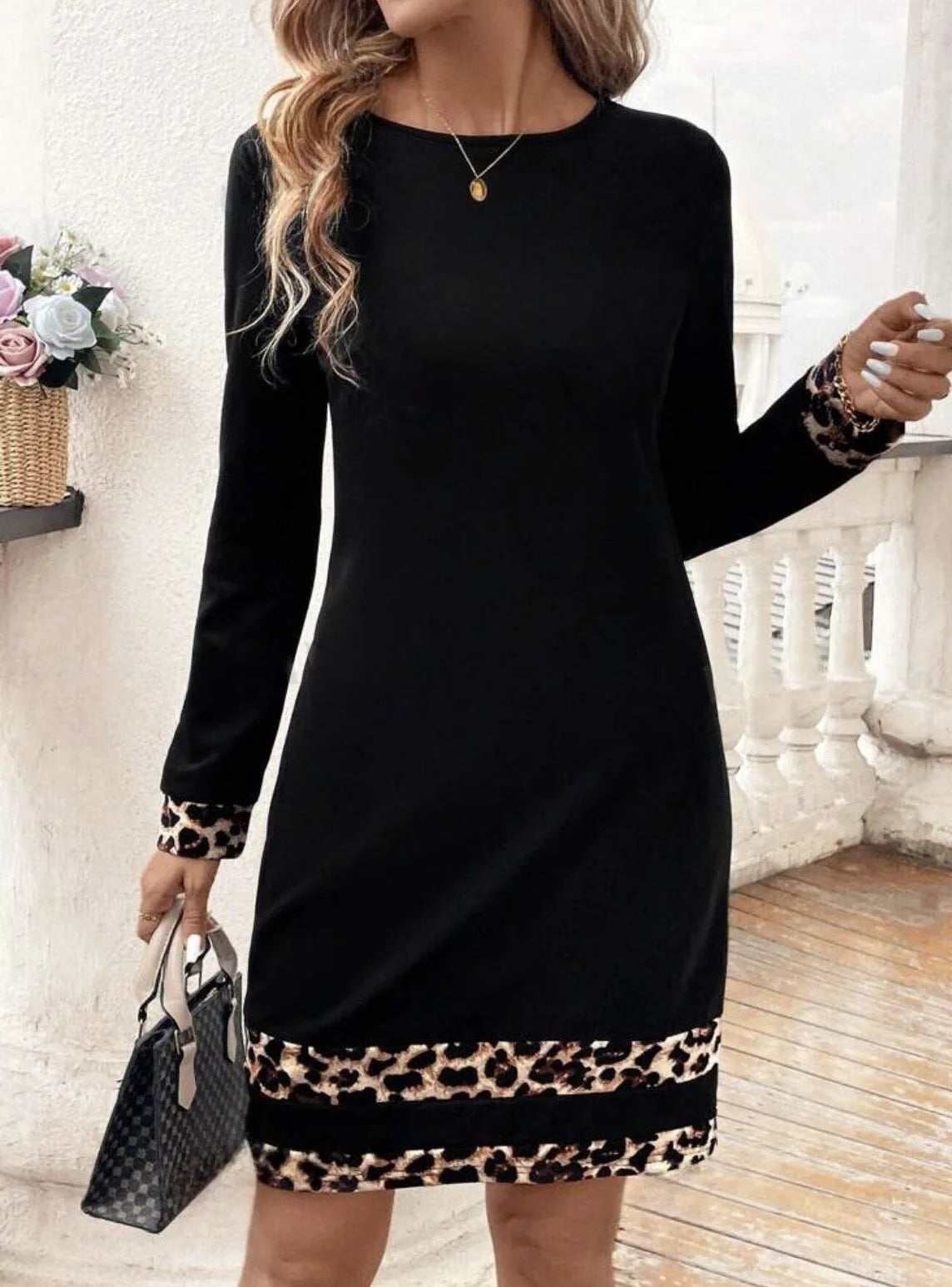 Women's Autumn and Winter long-sleeved leopard print spliced bottom bottom small black dress dress