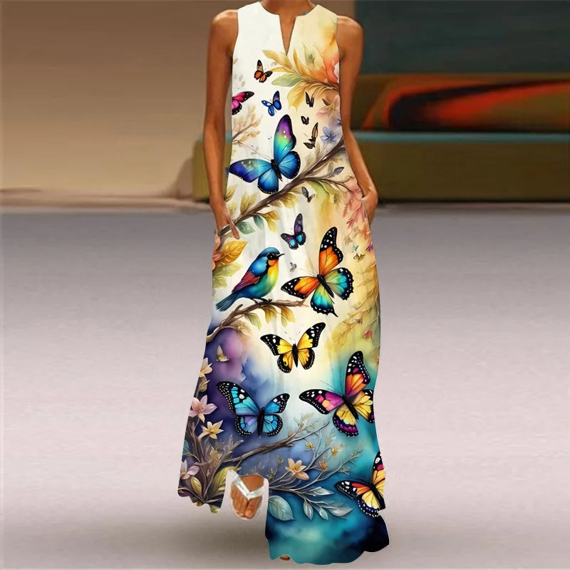 Summer Women's Artistic Retro Sleeveless V-neck Pullover Print Sexy Dress Long Skirt Women's Loose Waist Oversized Swing Skirt