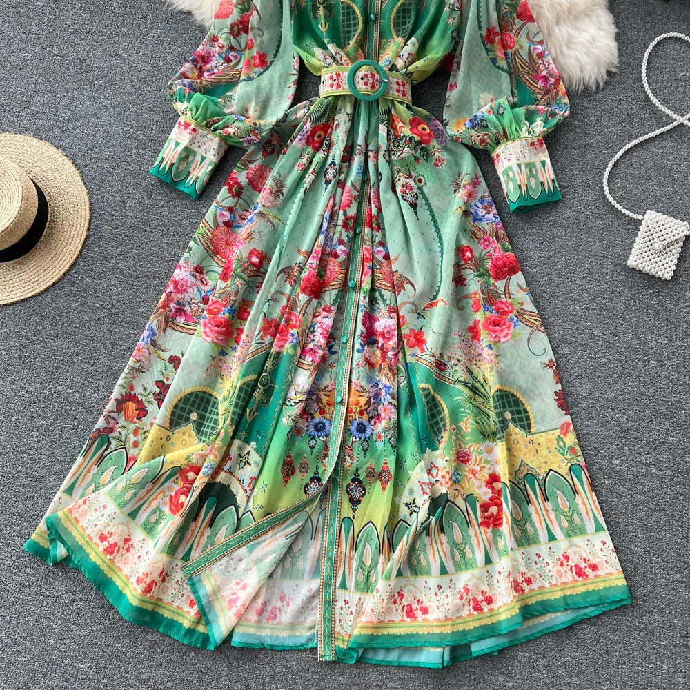 Spring Autumn Holiday Flower Chiffon Long Dress Women's Stand Collar Lantern Sleeve Floral Print Belt Long Party Robe Vestido