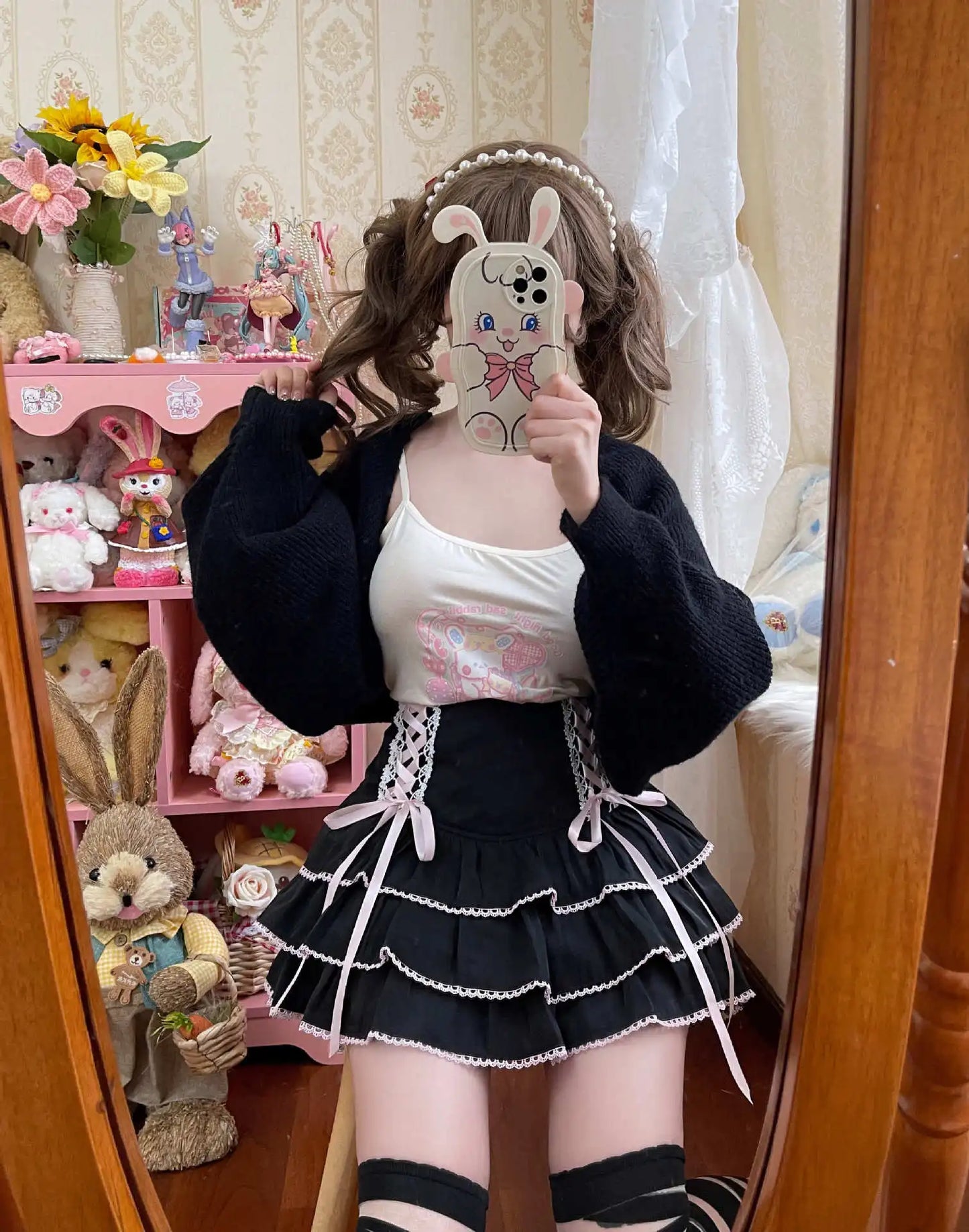 Japanese Harajuku Girls Kawaii Lace Pleated Skirts Women High Waist Bow Lace-up Fairy Y2k Aesthetic Cute Cake Mini Skirts