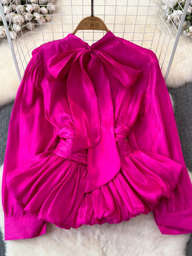 XFPV Sweet Blouse Long Sleeve Rose Pink Waist Tie Up Pleated Shirt Luxury Top For Women Korean Fashion Tide Summer 2024 SM11126