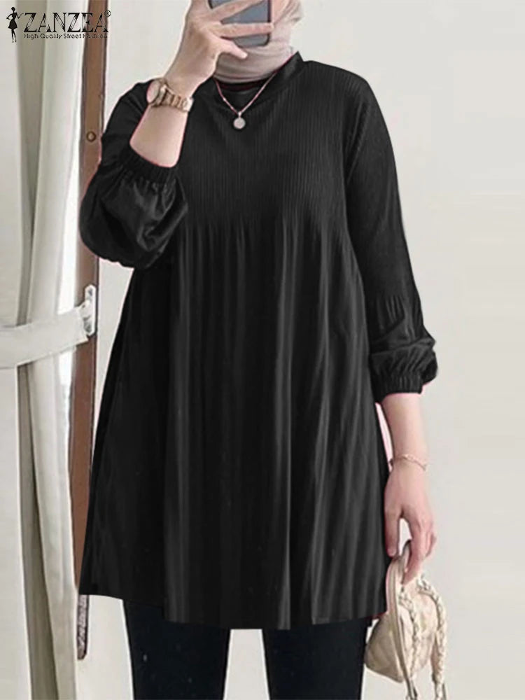 ZANZEA Muslim Islamic Pleated Long Blouses Women Autumn Long Sleeve O Neck Casual Blusas Mujer Fashion Solid Color Tunic Tops