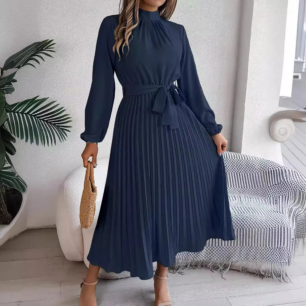 Elegant Women's Solid Color Pleated Lace Up Autumn And Winter Dresses Fashionable Women's Standing Collar Long Sleeved Dress