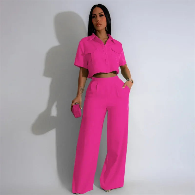 Solid Elegant Pant Sets Womens 2 Piece Outfit Summer 2024 Turn-down Collar Button Up Pockets Shirt Top and Wide Leg Pants Suit