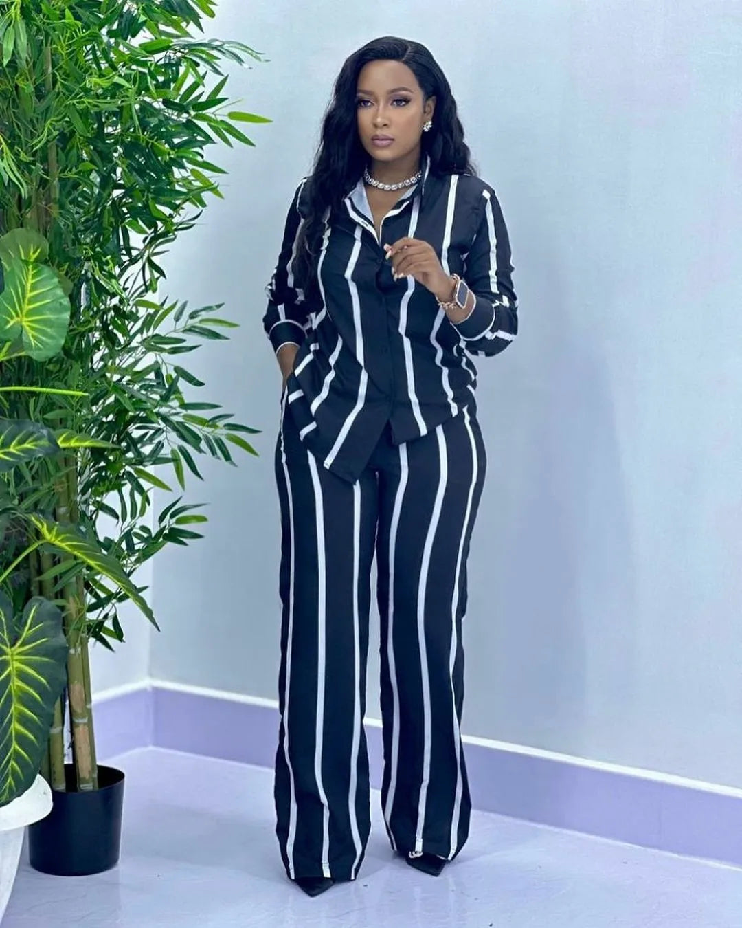 Fashion Striped Print Suit For Women Elegant Lapel Long Sleeved Shirt Elastic Waist Wide Leg Pants Two Piece Set 2024 Autumn New