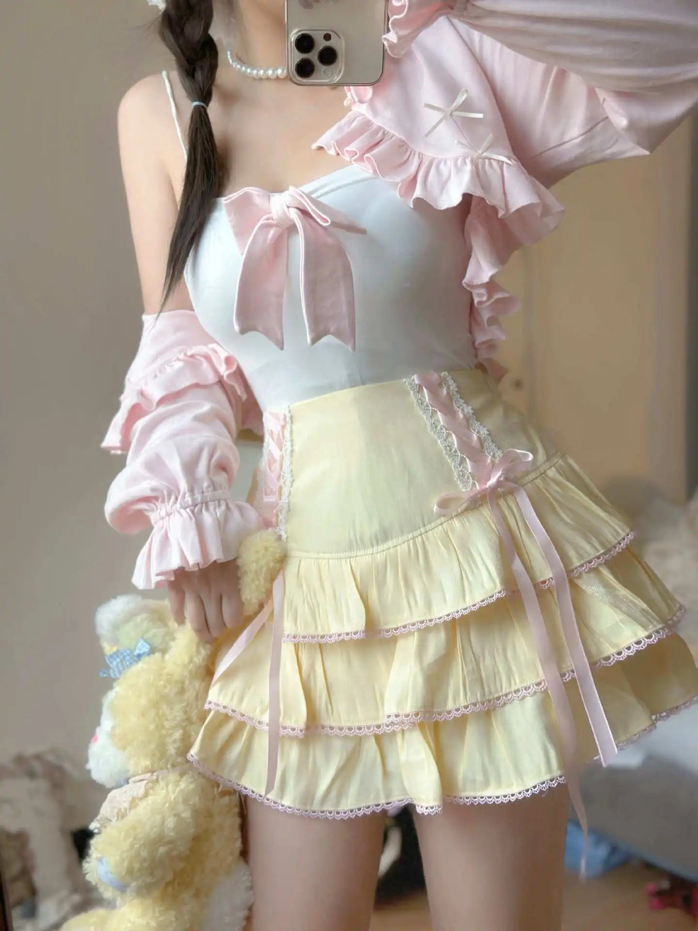 Japanese Harajuku Girls Kawaii Lace Pleated Skirts Women High Waist Bow Lace-up Fairy Y2k Aesthetic Cute Cake Mini Skirts