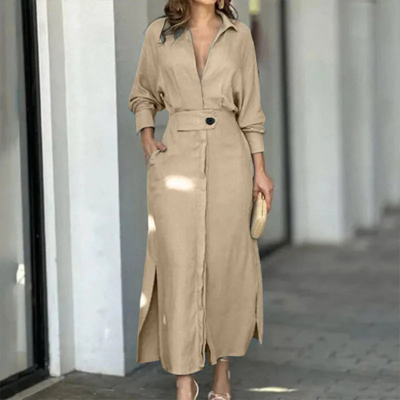 Women Dress 2024 Autumn New Fashion Elegant Long Sleeve Leisure Time Solid Color V Neck Sexy Ladies Shirt Dresses MsChuh S-3XL