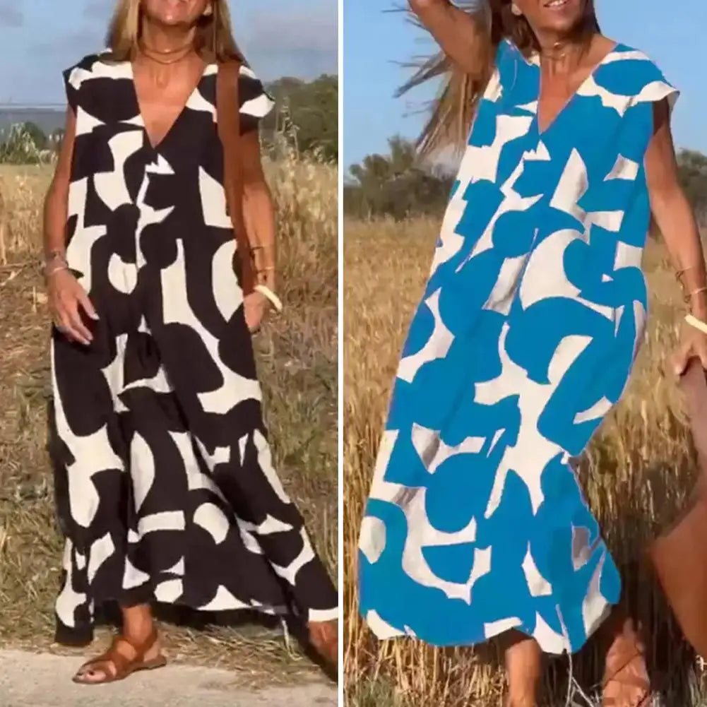 Ladies Bohemian Print Dress High Waist Dress Elegant Boho Print Maxi Dress for Women Flattering A-line Fit Soft Polyester Fabric