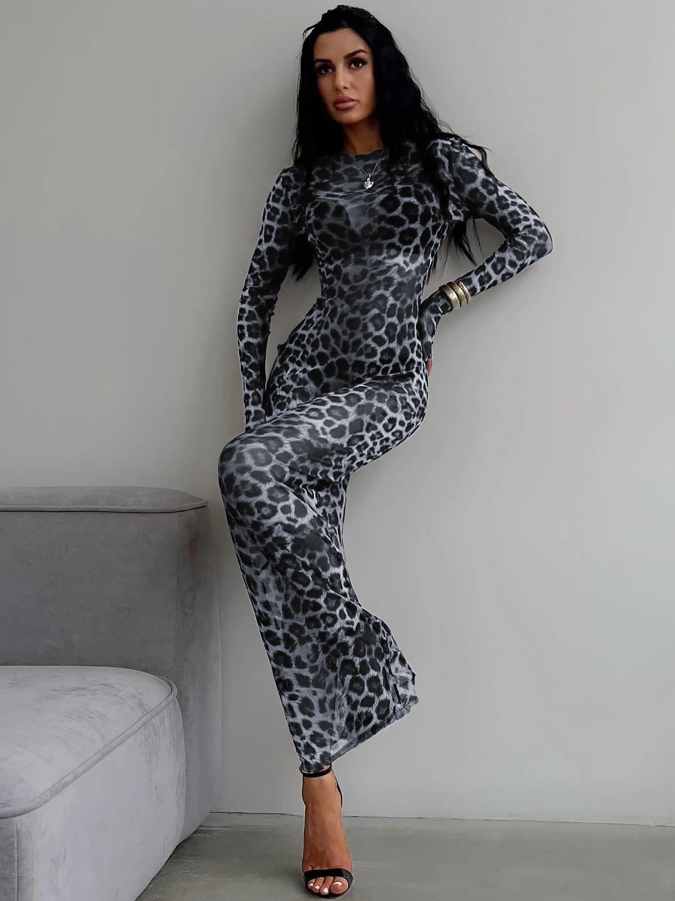 Dulzura 2024 Sexy Elegant Maxi Dress Printed Leopard Long Sleeve Dresses Women Clothes Y2K Lady Party Club Streetwear Holiday