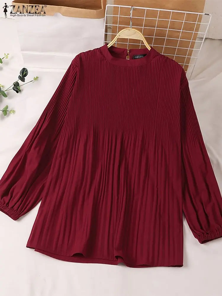 ZANZEA Muslim Islamic Pleated Long Blouses Women Autumn Long Sleeve O Neck Casual Blusas Mujer Fashion Solid Color Tunic Tops