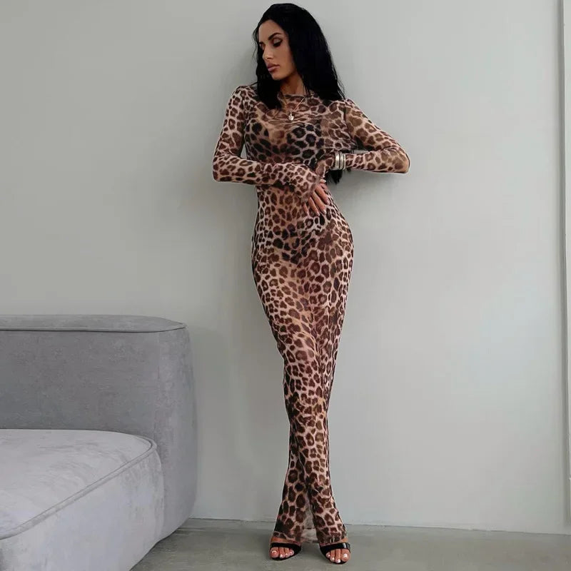 Leopard Print Sexy Mesh See Through Party Club Birthday Dresses for Women Summer Long Sleeve Y2K Streetwear Beach Dress Sundress