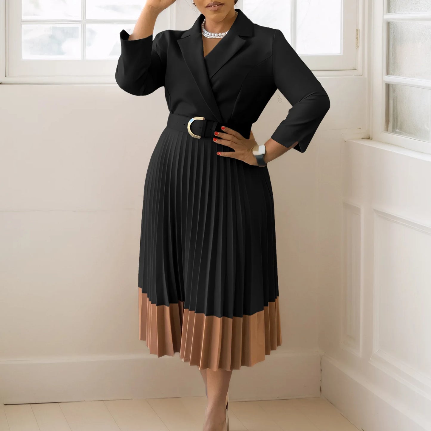 Winter Fashion Elegant Pleated A-line Dress African Women Casual Office Ladies Lapel Long Sleeved Belt Pleated Dress Women