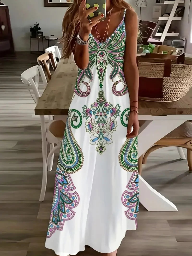 S-3XL Bohemian Style Beach Seaside Vacation Casual Dress Street Fashion Sleeveless Suspender Loose Large Size Long Dress