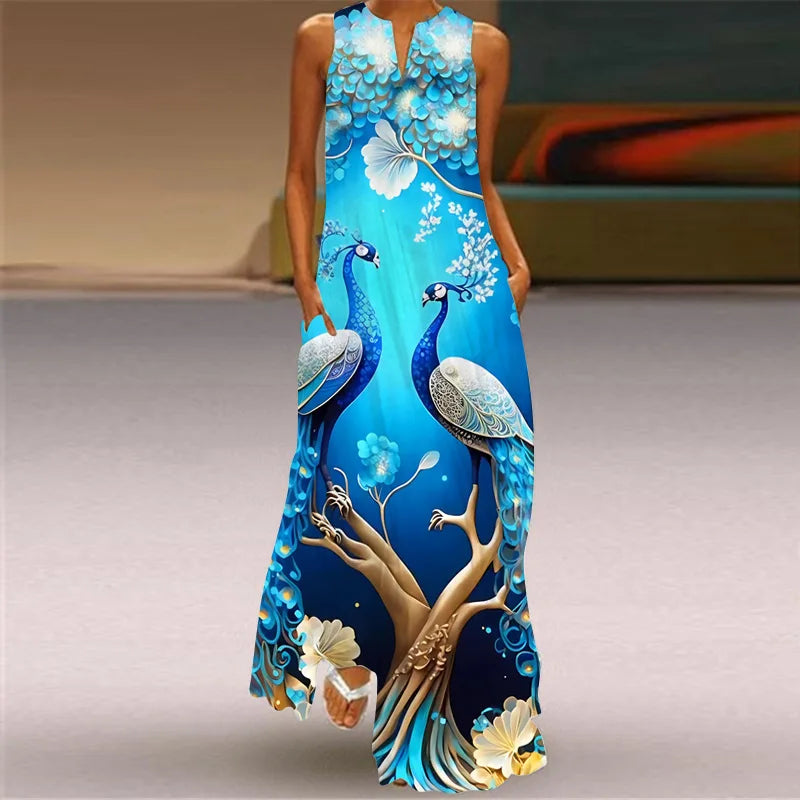 Summer Women's Artistic Retro Sleeveless V-neck Pullover Print Sexy Dress Long Skirt Women's Loose Waist Oversized Swing Skirt