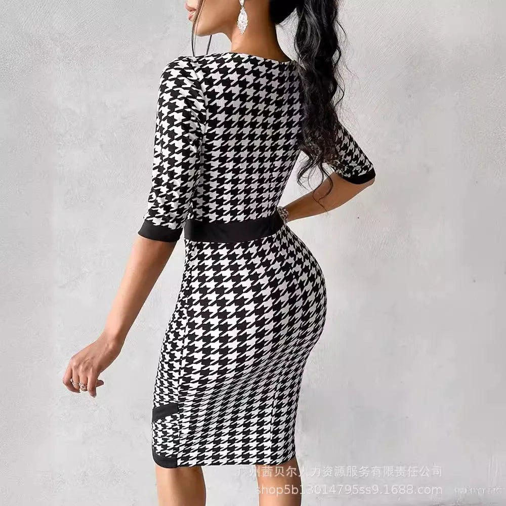 Women's Clothing New Houndstooth Printing Color Contrast Style Dress Midi Knee Length Office Half Sleeve Square Neck Dress