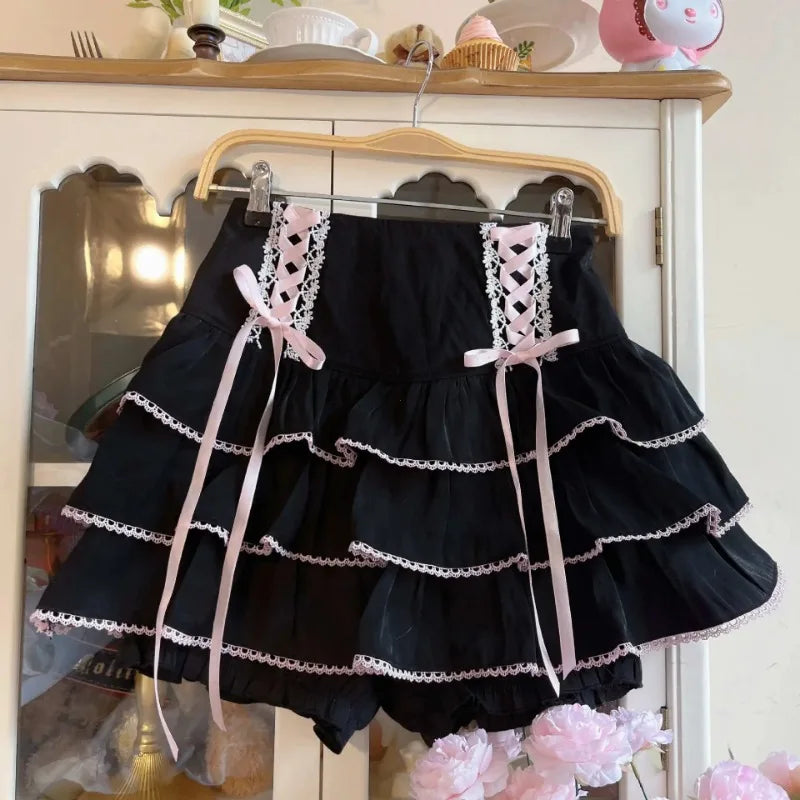 Japanese Harajuku Girls Kawaii Lace Pleated Skirts Women High Waist Bow Lace-up Fairy Y2k Aesthetic Cute Cake Mini Skirts