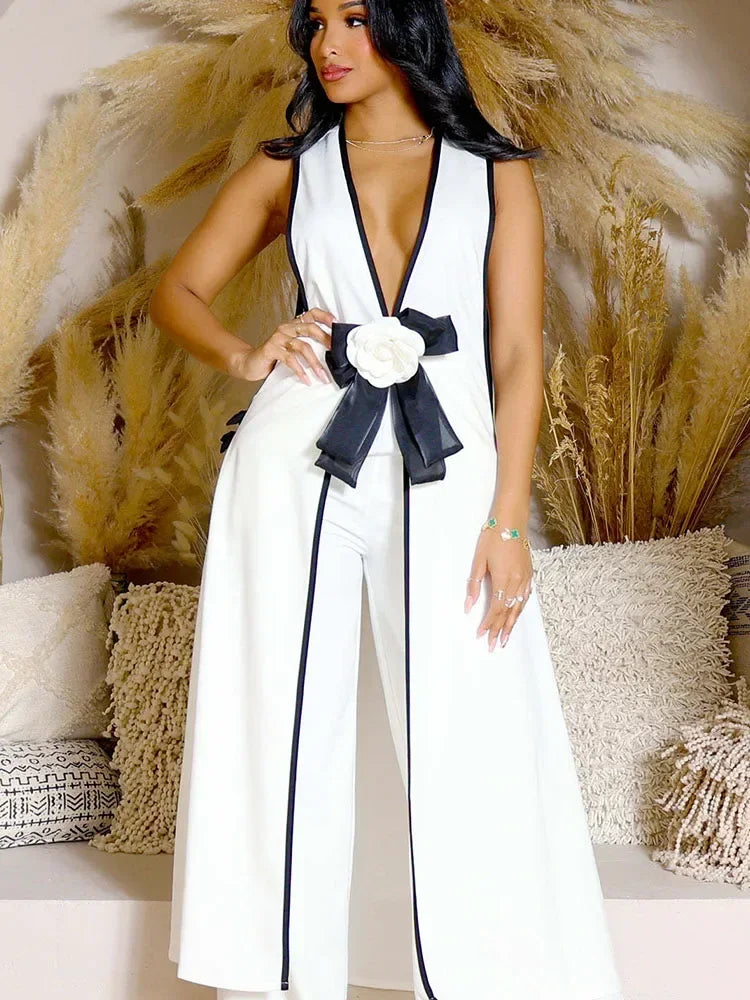 Bow Tie Appliques V-neck Sleeveless Long Top and Wide Leg Pants Matching Sets Women Two Piece Set Elegant Vintage Club Outfits