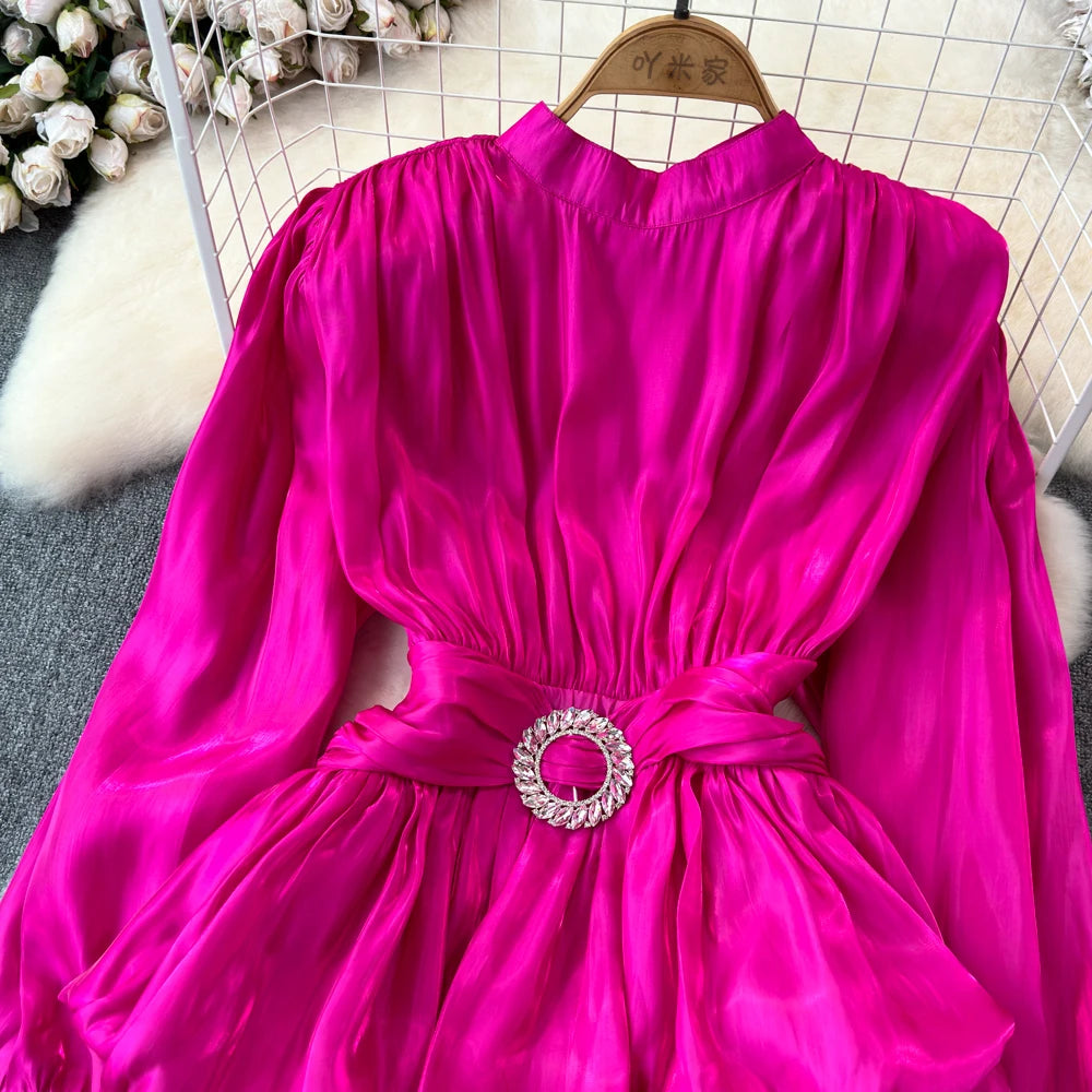 XFPV Sweet Blouse Long Sleeve Rose Pink Waist Tie Up Pleated Shirt Luxury Top For Women Korean Fashion Tide Summer 2024 SM11126