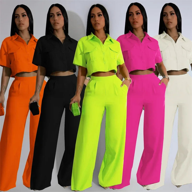 Solid Elegant Pant Sets Womens 2 Piece Outfit Summer 2024 Turn-down Collar Button Up Pockets Shirt Top and Wide Leg Pants Suit